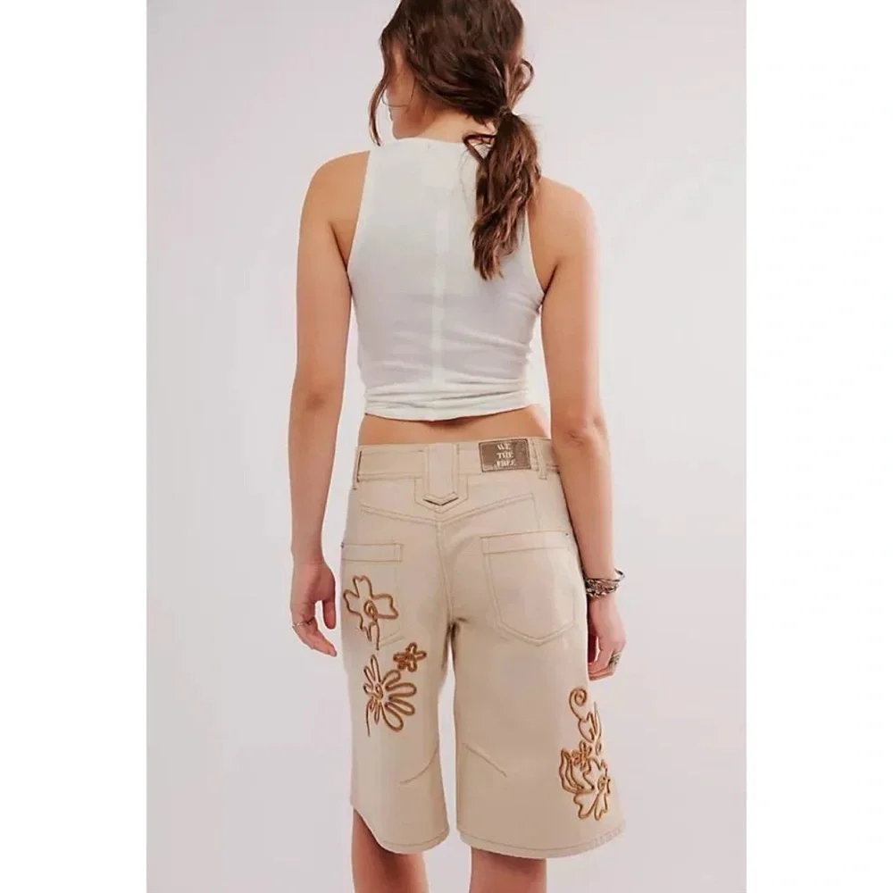 Free People Cruisin Soutache Long Jean Shorts Cream 32